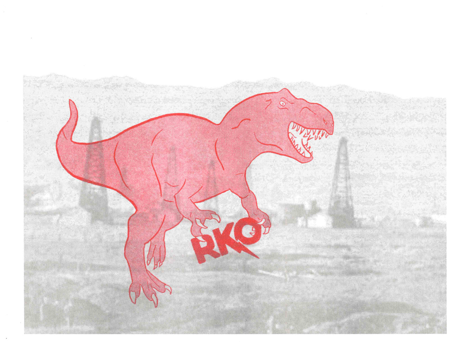 Riso illustration from comic by Michelle Spadafore with image of T-rex with RKO logo in 1927 Los Angeles oil fields.